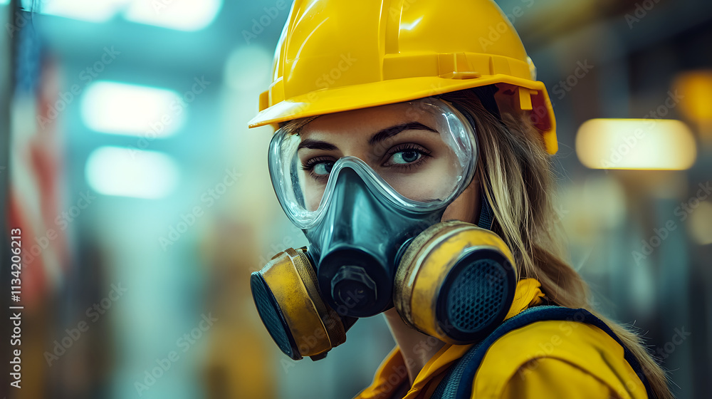A woman adorned in a vibrant yellow helmet and protective gas mask stands confidently in a hazardous work environment. Her sturdy attire hints at the dangerous nature of her surroundings A woman adorned in a vibrant yellow helmet and protective gas mask stands confidently in a hazardous work environment. Her sturdy attire hints at the dangerous nature of her surroundings