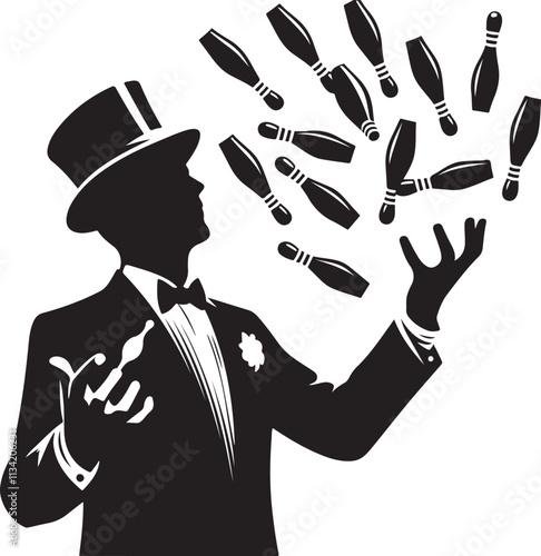man juggling pins silhouette vector illustration