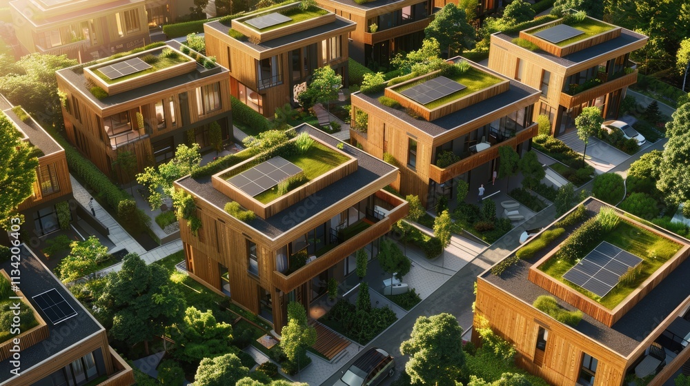 Fototapeta premium modern eco friendly neighbourhood, wooden houses, with solar panels, low energy consuming construction, flat rooftops covered with grass