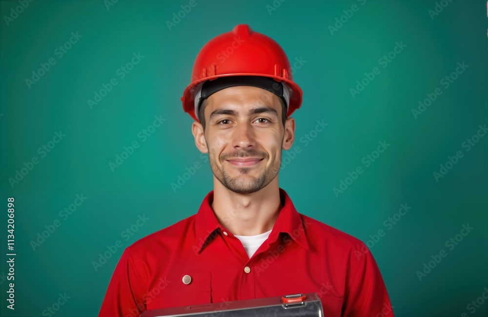 Man in red uniform, hard hat holds toolbox. Construction worker poses against teal background. Reliable worker ready for project. Positive attitude evident. Potential for work-related safety images. Man in red uniform, hard hat holds toolbox. Construction worker poses against teal background. Reliable worker ready for project. Positive attitude evident. Potential for work-related safety images.