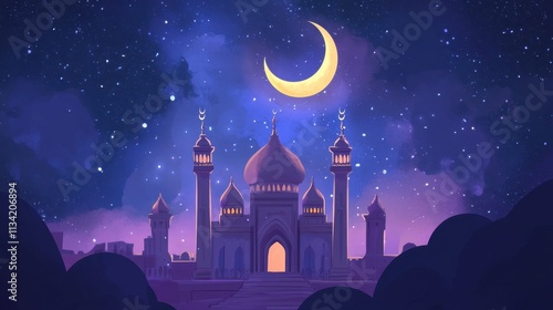 Majestic Mosque Under a Crescent Moon Nighttime Digital Art