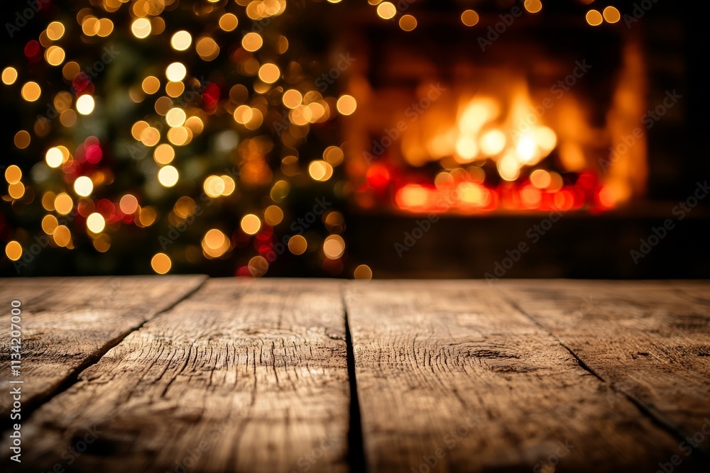 Cozy Christmas Scene with Wooden Table in Foreground and Blurry Tree and Fireplace in Background, Warm Holiday Atmosphere with Soft Bokeh Lights Cozy Christmas Scene with Wooden Table in Foreground and Blurry Tree and Fireplace in Background, Warm Holiday Atmosphere with Soft Bokeh Lights