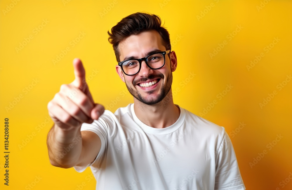 Man in white t-shirt, glasses points directly at camera with smile. Friendly confident male model poses against yellow background. Studio shot captures positive expression. Image suitable for social Man in white t-shirt, glasses points directly at camera with smile. Friendly confident male model poses against yellow background. Studio shot captures positive expression. Image suitable for social