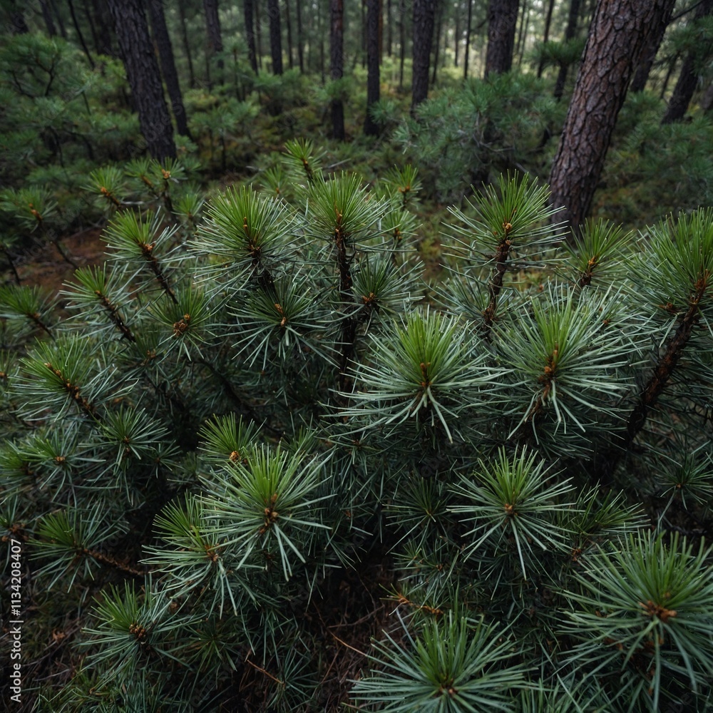 Fototapeta premium A dense pine forest with soft needles carpeting the ground.