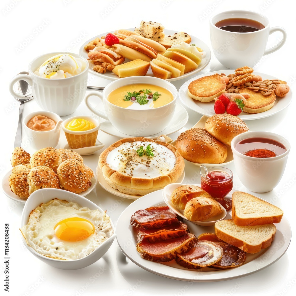 Dishes including eggs, pastries, cold cuts, soup, fruit, and hot beverages make up a full international breakfast spread Dishes including eggs, pastries, cold cuts, soup, fruit, and hot beverages make up a full international breakfast spread