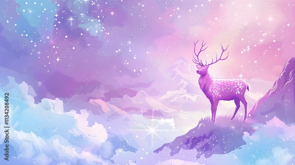 A majestic white deer with perfect antlers, on the mountain and the view of the stars in the beautiful sky A majestic white deer with perfect antlers, on the mountain and the view of the stars in the beautiful sky