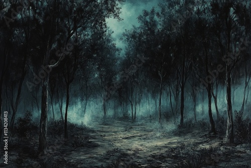 Dark Mysterious Forest with Fog and Shadows, Eerie Pathway Illuminated by Moonlight, Enigmatic Atmosphere with Dense Trees and Low Visibility