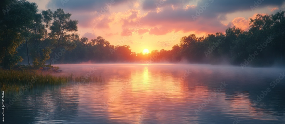 Serene sunrise over calm lake with misty trees. Serene sunrise over calm lake with misty trees.