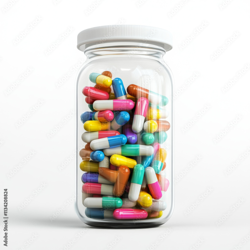 Colorful capsules in clear glass jar, showcasing various shapes and sizes. This vibrant collection represents world of medicine and health Colorful capsules in clear glass jar, showcasing various shapes and sizes. This vibrant collection represents world of medicine and health