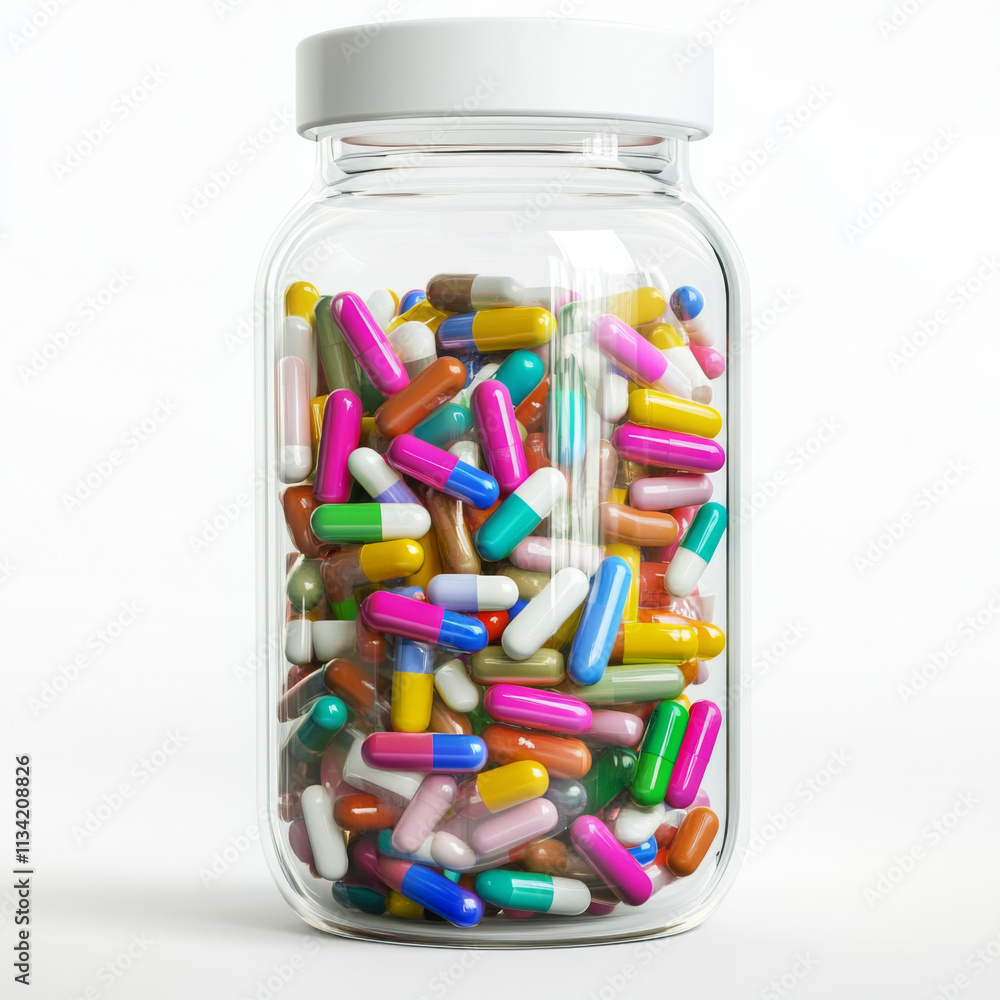 Colorful capsules in clear glass jar create vibrant display of medicine. variety of shapes and colors suggests wide range of pharmaceutical options Colorful capsules in clear glass jar create vibrant display of medicine. variety of shapes and colors suggests wide range of pharmaceutical options