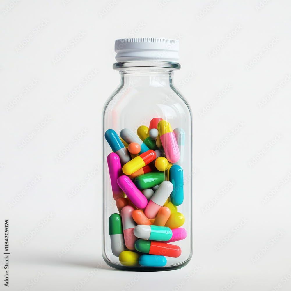 clear glass bottle filled with colorful capsules and pills, showcasing variety of shapes and colors, representing health and wellness clear glass bottle filled with colorful capsules and pills, showcasing variety of shapes and colors, representing health and wellness