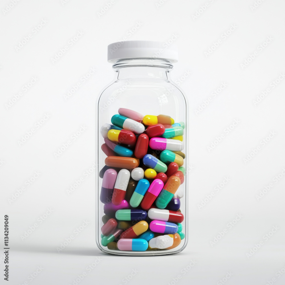 clear glass bottle filled with colorful capsules and pills, showcasing variety of shapes and sizes, representing health and wellness clear glass bottle filled with colorful capsules and pills, showcasing variety of shapes and sizes, representing health and wellness