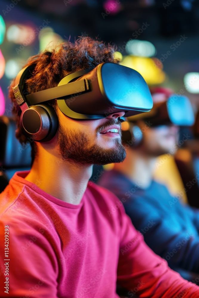 A VR casino where players are fully immersed in a digital environment, wearing headsets and playing games with digital avatars A VR casino where players are fully immersed in a digital environment, wearing headsets and playing games with digital avatars