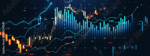 Financial data charts with glowing stock and forex graphs on a dark background illuminated in blue tones. 3D Rendering photo