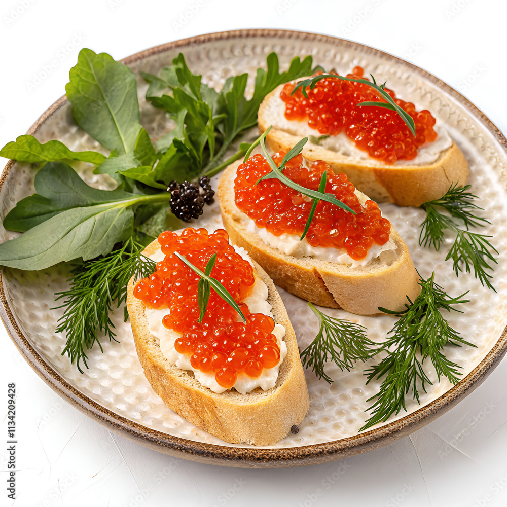 In a beautiful ceramic plate lie sandwiches with red caviar, decorated with greens.
In a beautiful ceramic plate lie sandwiches with red caviar, decorated with greens.