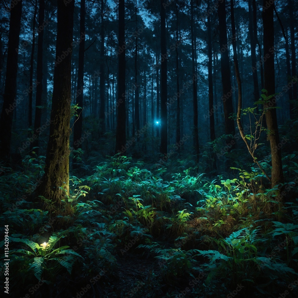 A deep forest illuminated by the glow of bioluminescent plants.
A deep forest illuminated by the glow of bioluminescent plants.