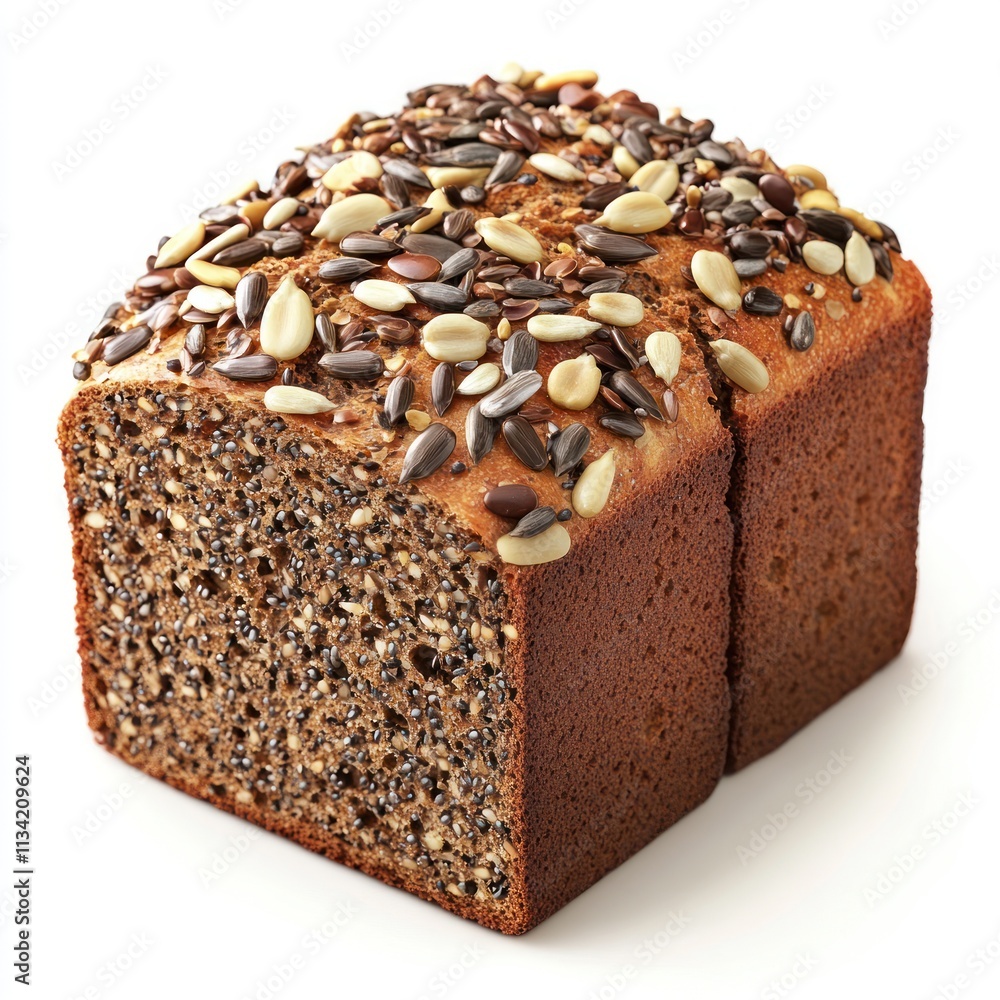 A sliced loaf of bread topped with various seeds, showcasing its texture and ingredients. A sliced loaf of bread topped with various seeds, showcasing its texture and ingredients.
