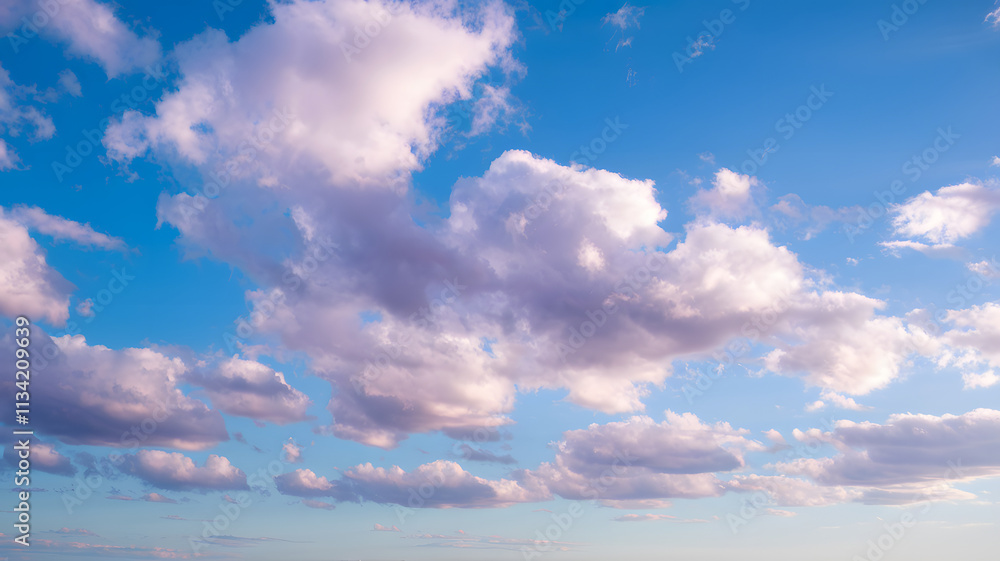 Obraz premium Cotton candy clouds in pastel hues float against a bright blue sky. A serene sky filled with fluffy white clouds against a bright blue background, creating a peaceful and calming atmosphere.