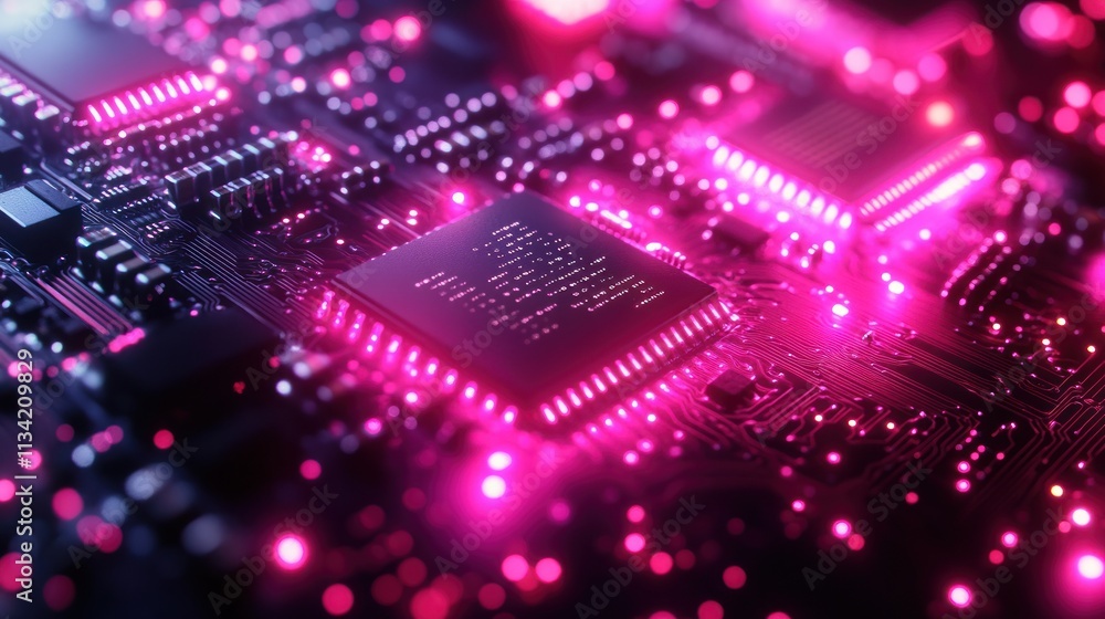 Fototapeta premium Illuminated Circuit Board: A Close-Up of Microchips and Technology