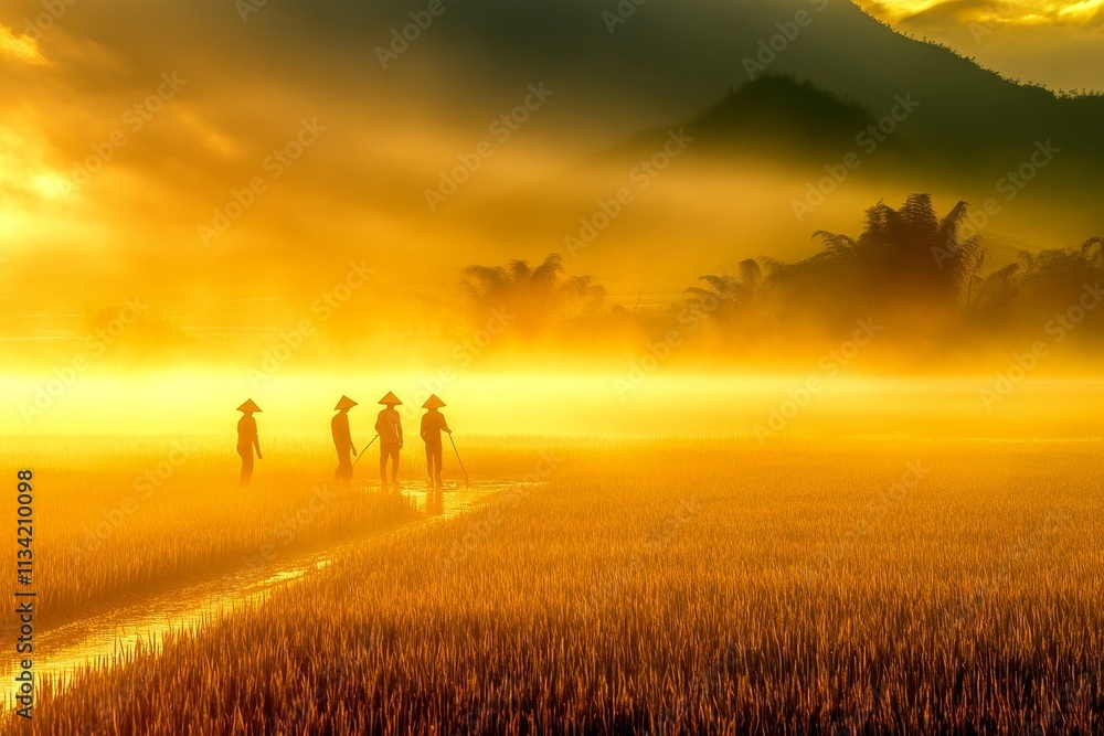 Inspecting Irrigation Systems in Golden Light Over Farmland Inspecting Irrigation Systems in Golden Light Over Farmland