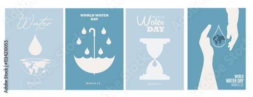 World Water Day Minimalist Campaign Poster Collection.  Series of four minimalist blue and white posters for World Water Day featuring symbolic illustrations of water conservation and global awareness photo