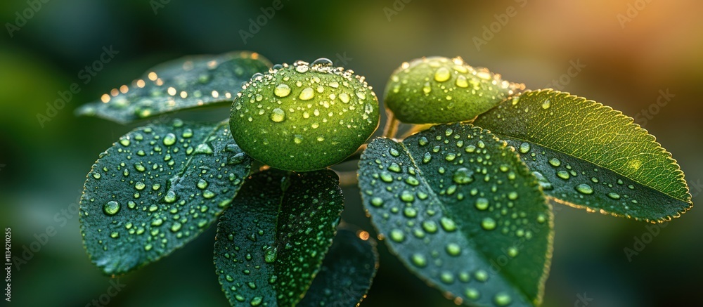 Dew-covered green fruit on leaves. Dew-covered green fruit on leaves.