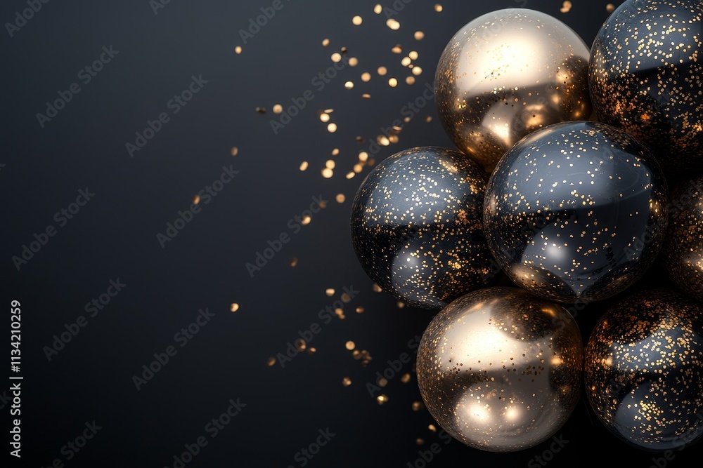 Elegant and Glittering Black and Gold Balloons with Sparkling Confetti on a Dark Background Perfect for Celebrations and Festive Occasions Elegant and Glittering Black and Gold Balloons with Sparkling Confetti on a Dark Background Perfect for Celebrations and Festive Occasions