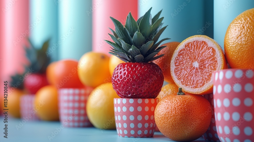 Arrangement of tropical fruits with pineapples, oranges, and strawberries on a colorful table Arrangement of tropical fruits with pineapples, oranges, and strawberries on a colorful table