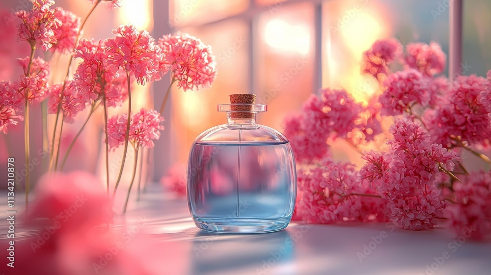 Delicate perfume bottle surrounded by pink flowers in soft natural light Delicate perfume bottle surrounded by pink flowers in soft natural light