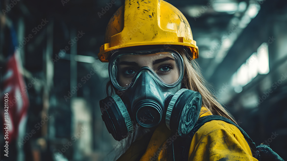 A woman adorned in a vibrant yellow helmet and protective gas mask stands confidently in a hazardous work environment. Her sturdy attire hints at the dangerous nature of her surroundings A woman adorned in a vibrant yellow helmet and protective gas mask stands confidently in a hazardous work environment. Her sturdy attire hints at the dangerous nature of her surroundings