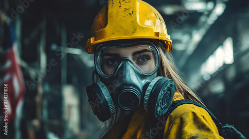 A woman adorned in a vibrant yellow helmet and protective gas mask stands confidently in a hazardous work environment. Her sturdy attire hints at the dangerous nature of her surroundings