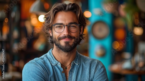 Portrait of a man in a stylish setting with soft bokeh lighting in the background