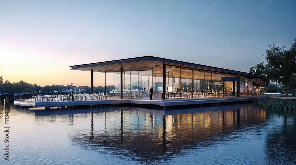 A floating conference center with glass walls and modular meeting spaces, designed to inspire creativity while surrounded by tranquil waters A floating conference center with glass walls and modular meeting spaces, designed to inspire creativity while surrounded by tranquil waters