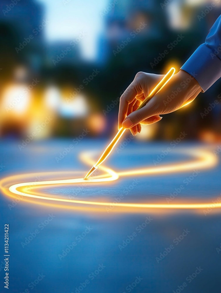 Light path direction, glowing path hand concept, light path journey sketch ,Power of Focus Hand drawing light trails in urban setting ,visual guide to creative success ,hand creating glowing direction Light path direction, glowing path hand concept, light path journey sketch ,Power of Focus Hand drawing light trails in urban setting ,visual guide to creative success ,hand creating glowing direction