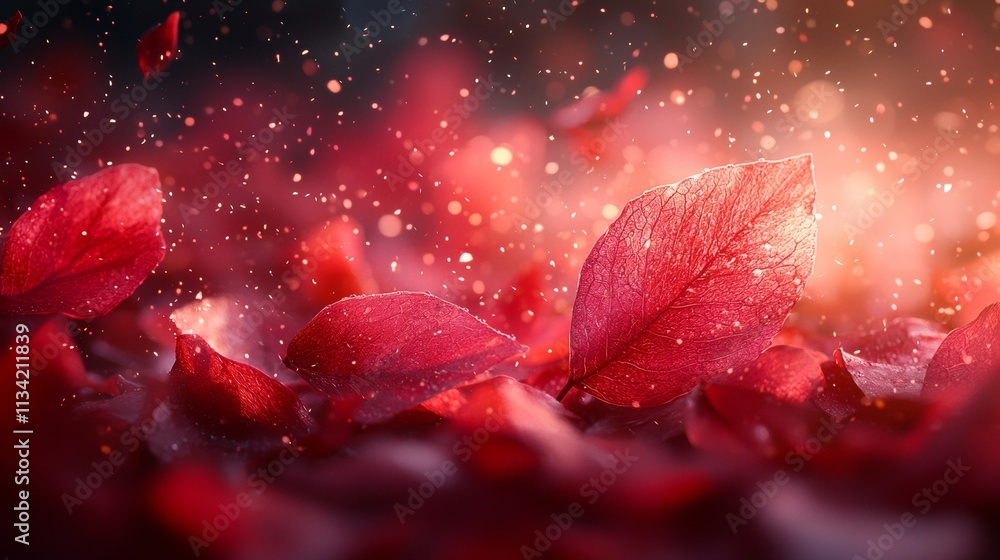 Close-up of vibrant red leaves in a dreamy atmosphere with sparkles Close-up of vibrant red leaves in a dreamy atmosphere with sparkles