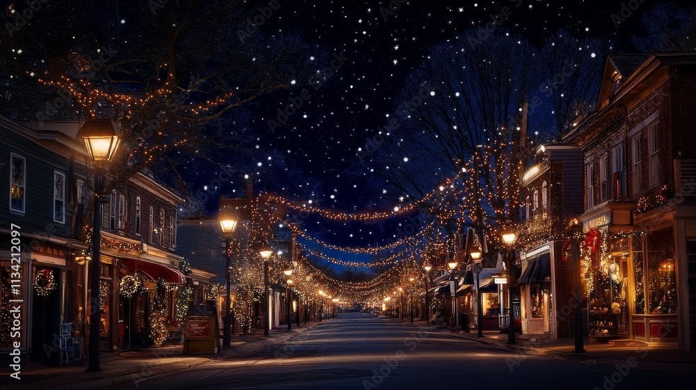 Magical Winter Street with Lights and Falling Snow at Nighttime Magical Winter Street with Lights and Falling Snow at Nighttime
