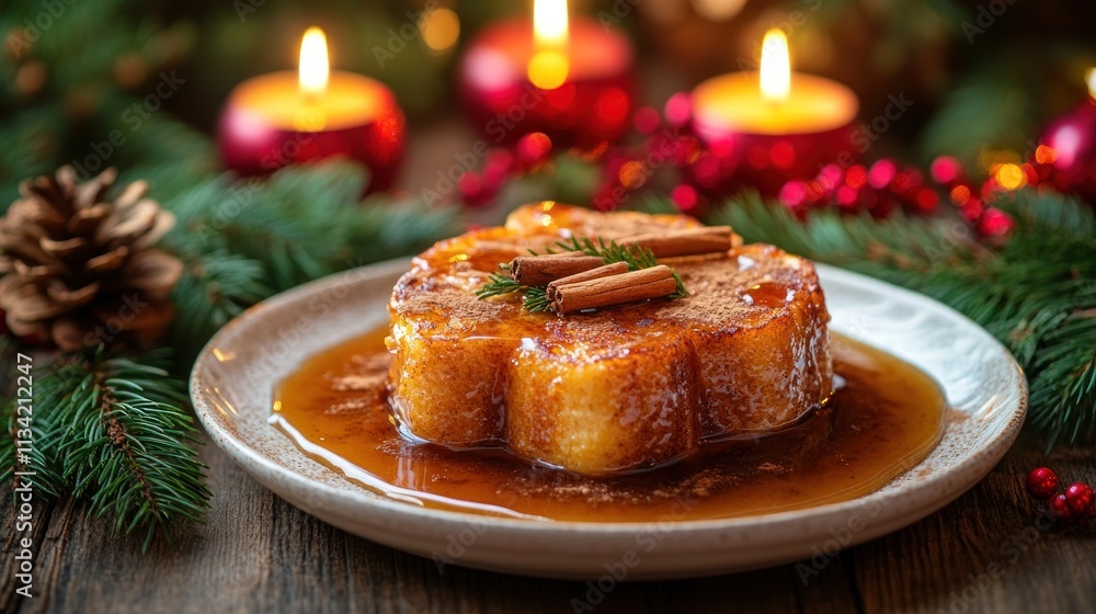 A festive dessert with candles and pine, evoking holiday warmth. A festive dessert with candles and pine, evoking holiday warmth.