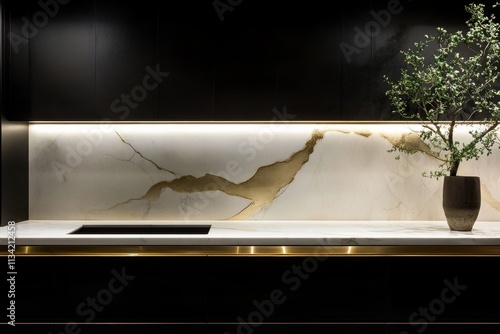 Elegant Modern Kitchen with Dark Cabinets, Marble Countertop, and Minimalist Decor Illuminated by Warm Lighting in a Sophisticated Interior Design Setting