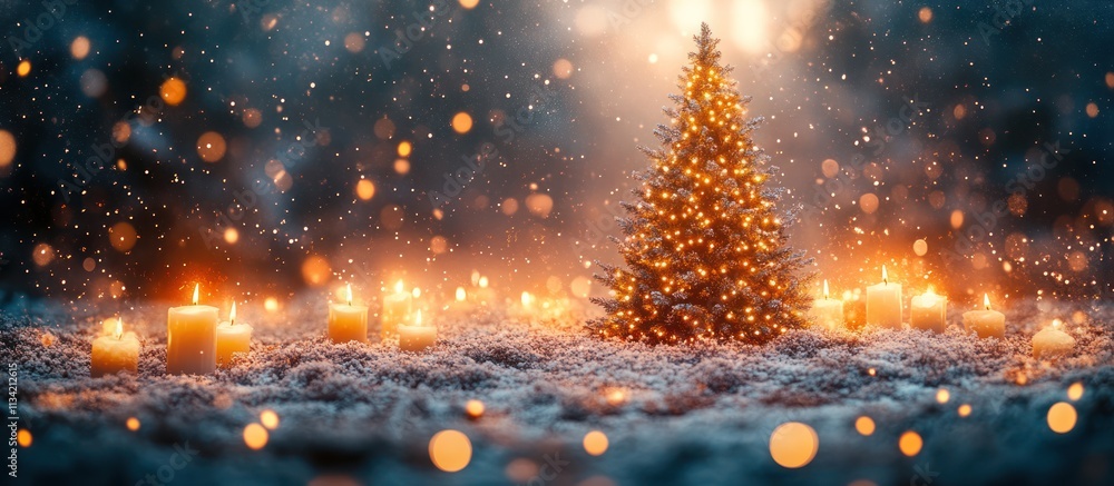 Magical Christmas tree in snowy scene with glowing candles and bokeh lights. Magical Christmas tree in snowy scene with glowing candles and bokeh lights.