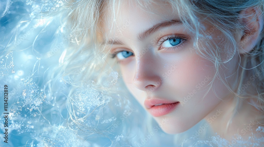 Portrait of a woman with platinum hair in ethereal blue lighting Portrait of a woman with platinum hair in ethereal blue lighting