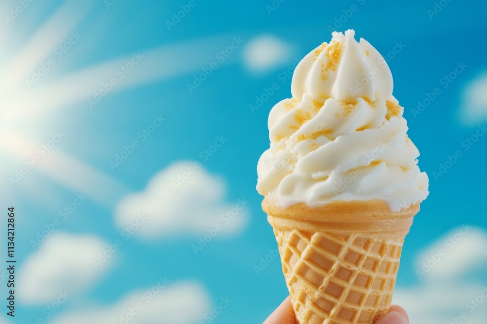 A hand holding a waffle cone with melting ice cream under the warm sun. Generative AI A hand holding a waffle cone with melting ice cream under the warm sun. Generative AI