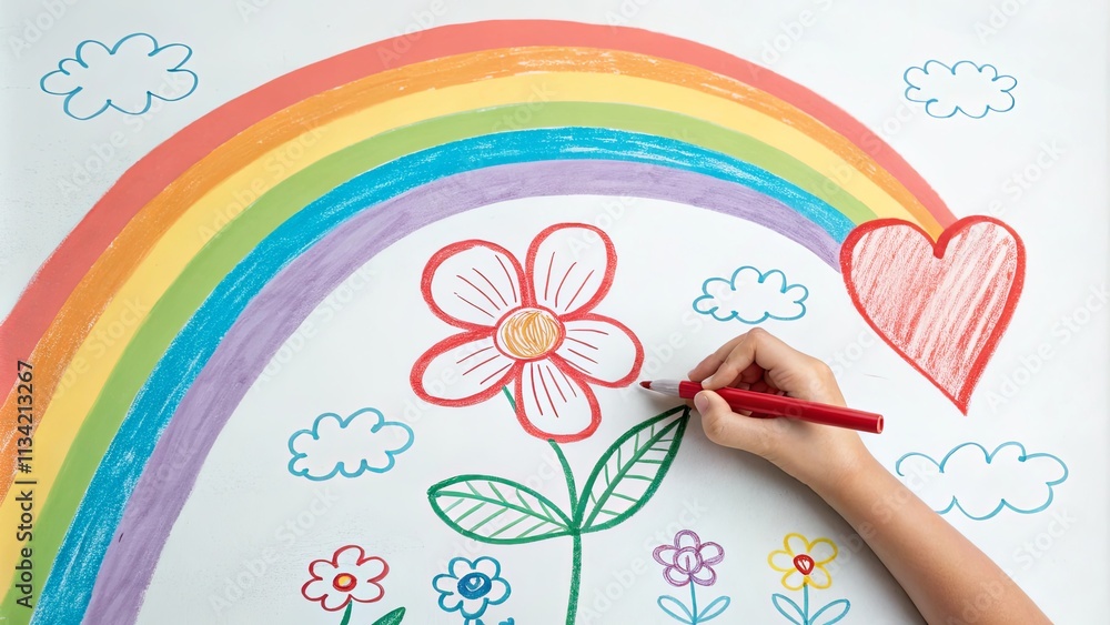 A rainbow with a flower drawn on it and a heart drawn on the right side A rainbow with a flower drawn on it and a heart drawn on the right side