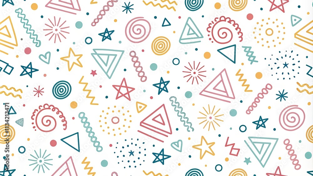 A colorful pattern of shapes and stars on a white background A colorful pattern of shapes and stars on a white background