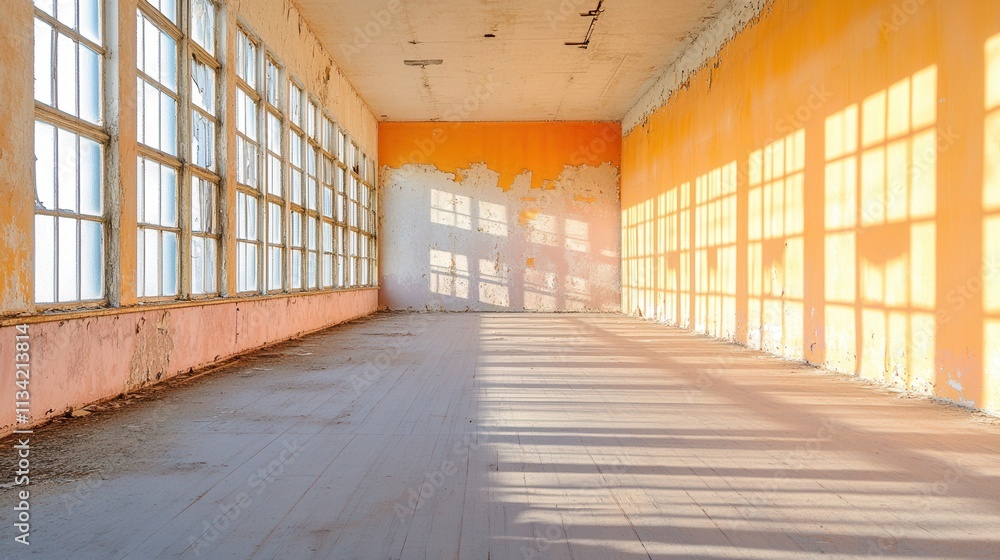 Empty, decaying workshop rooms of a long-abandoned factory, with peeling paint Empty, decaying workshop rooms of a long-abandoned factory, with peeling paint