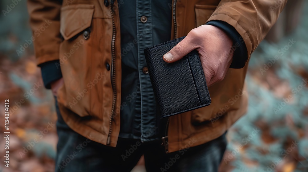 A man in a brown jacket holds a black wallet in his hands. A man in a brown jacket holds a black wallet in his hands.