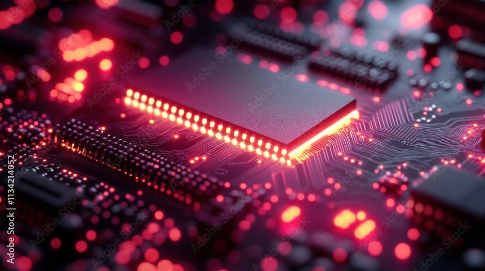 Illuminated Circuit Board: A Close-Up of a Microchip's Glowing Core Illuminated Circuit Board: A Close-Up of a Microchip's Glowing Core
