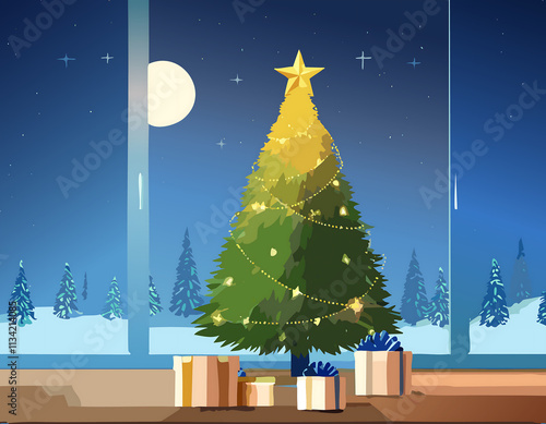 Christmas night celebration with a sparkling tree, golden ornaments, and starry sky outside. photo