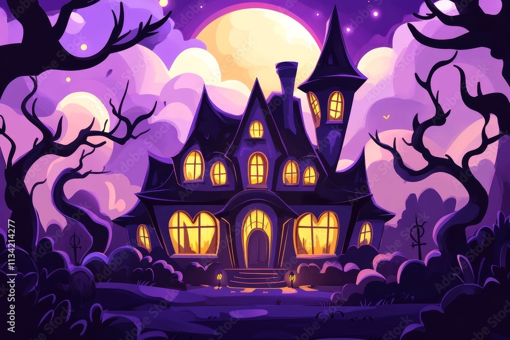 Enchanted Halloween House Surrounded by Mystical Fog and Moonlight, Featuring Eerie Trees and Glowing Windows in a Magical Landscape of Autumn Night Enchanted Halloween House Surrounded by Mystical Fog and Moonlight, Featuring Eerie Trees and Glowing Windows in a Magical Landscape of Autumn Night