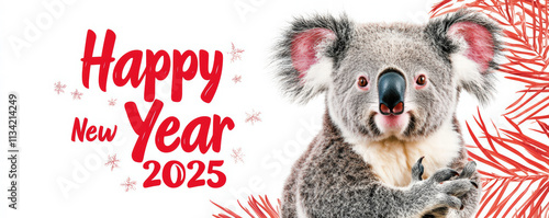 A cheerful koala wishes a Happy New Year 2025, surrounded by festive decorations, embodying joy and celebration for the upcoming year. photo