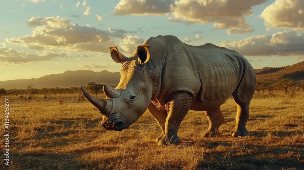 Fototapeta premium Majestic white rhinoceros in a golden savanna sunset.